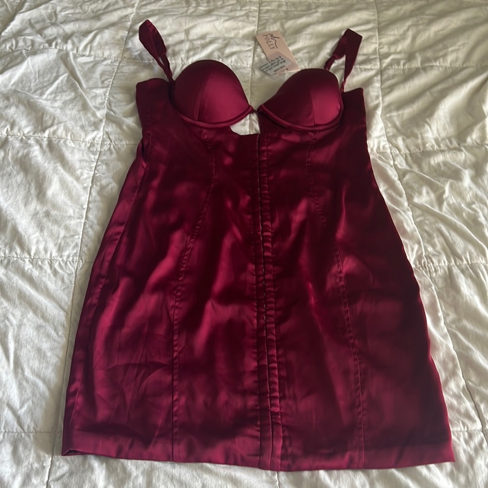 NWT Oh Polly Infatuation Cut Out Satin Mini Dress Wine - Picture 4 of 9